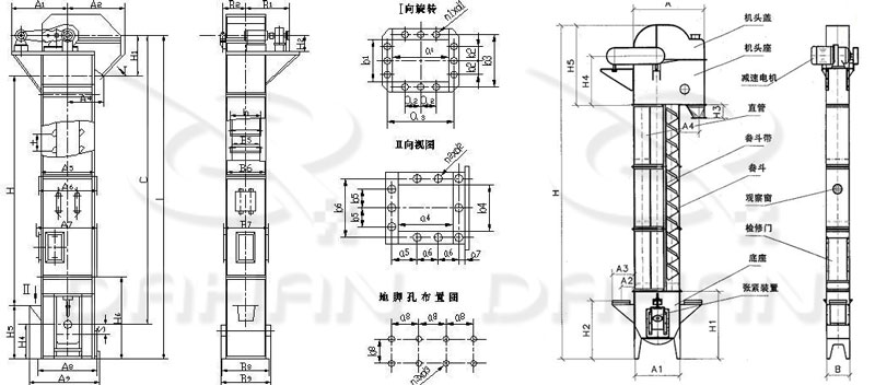 TD/D型斗式提升機基本結(jié)構(gòu):機頭蓋，機頭座，減速電機，直管，底座，緊張裝置等。