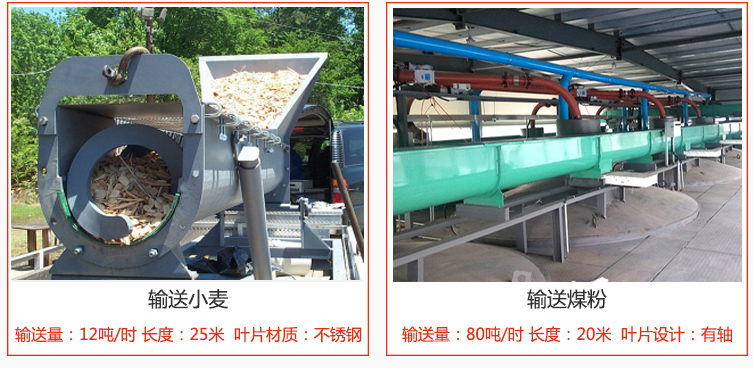 絞龍螺旋輸送機(jī)輸送小麥輸送量在12噸/時，長度為25米，葉片采用不銹鋼材質(zhì)；輸送水泥輸送量在80噸/時，長度為20米，葉片設(shè)計為有軸。
