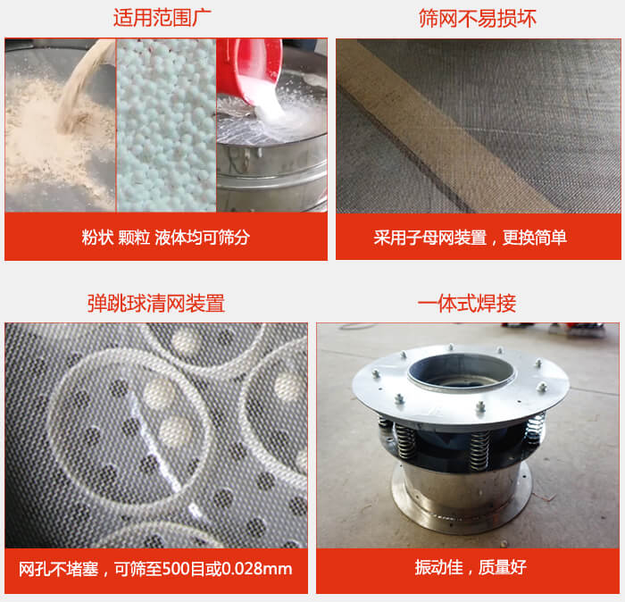 食品振動(dòng)篩特點(diǎn)：1，效率高？：效率高，設(shè)計(jì)精巧耐用，任何粉類，粘液軍可篩分。2，操作簡(jiǎn)單采用優(yōu)質(zhì)材料，換網(wǎng)容易，操作簡(jiǎn)單，清洗方便。3，網(wǎng)孔不堵塞粉末不飛揚(yáng)，可篩至500目或0.028mm4，精細(xì)做工產(chǎn)品經(jīng)過(guò)嚴(yán)格加工程序，做工精細(xì)美觀耐用。5，獨(dú)特網(wǎng)架設(shè)計(jì)篩網(wǎng)使用時(shí)間長(zhǎng)久，換網(wǎng)只需3-5分鐘。