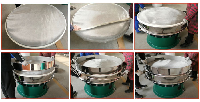 食品振動(dòng)篩網(wǎng)安裝步驟3，將密封圈安裝到網(wǎng)架周圍，將篩框放到網(wǎng)架上，并利用束環(huán)將上下兩層篩框固定在一起。