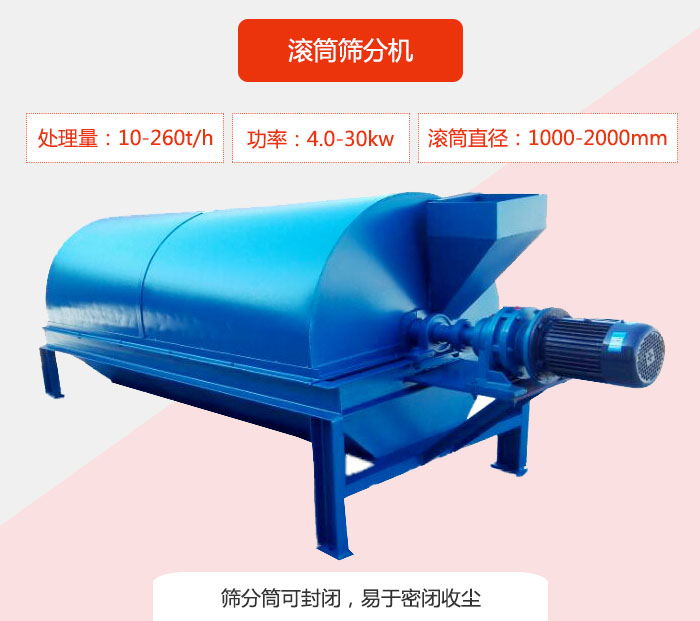 滾筒篩分機(jī)：處理能力：10-260t/h  功率：4.0-30kw 滾筒直徑：1000-2000mm 篩分筒可封閉，易于密閉收塵