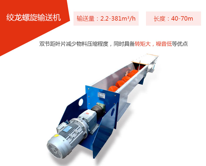 絞龍螺旋輸送機(jī)輸送量：2.2-381m3/h 長度：40-70m 雙節(jié)距葉片減少物料壓縮程度，同時具備轉(zhuǎn)矩大，噪音低等優(yōu)點。