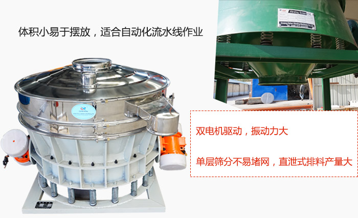 雙電機(jī)驅(qū)動，振動力大，單層篩分不易堵網(wǎng)，直泄式排料產(chǎn)量大