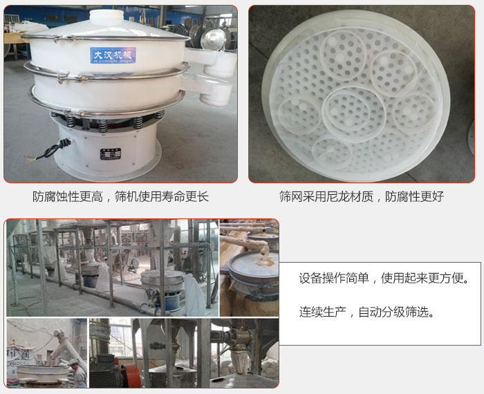 直徑1000型塑料振動(dòng)篩特點(diǎn)：1，防腐蝕性更高，篩機(jī)使用壽命更長.2，篩網(wǎng)采用尼龍材質(zhì)，防腐性更好，3，設(shè)備操作簡單，使用起來更方便。4，連續(xù)生產(chǎn)，自動(dòng)分級(jí)篩選。