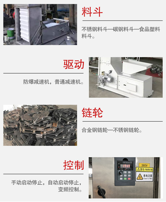z型斗式提升機料斗：不銹鋼料斗-碳鋼料斗-食品塑料料斗。驅動裝置采用的式防爆減速機，普通減速機兩種。鏈輪采用合金鏈輪-不銹鋼鏈輪控制器：手動啟動/停止，以及自動啟動停止。