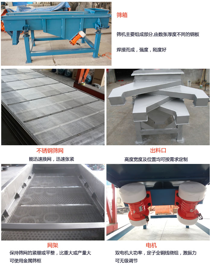 520型直線振動(dòng)篩結(jié)構(gòu)：篩箱：篩機(jī)主要組成部分，由數(shù)張厚度不同的鋼板焊制而成，強(qiáng)度，剛度好。不銹鋼篩網(wǎng)：能迅速換網(wǎng)，迅速張緊。電機(jī)：雙電機(jī)大功率，定子全銅線繞組，激振力可無極調(diào)節(jié)。網(wǎng)架：保持篩網(wǎng)的緊繃和平整，比重大或產(chǎn)量大時(shí)可使用金屬篩框。出料口：高度寬度及位置均可按照用戶的要求來定制。