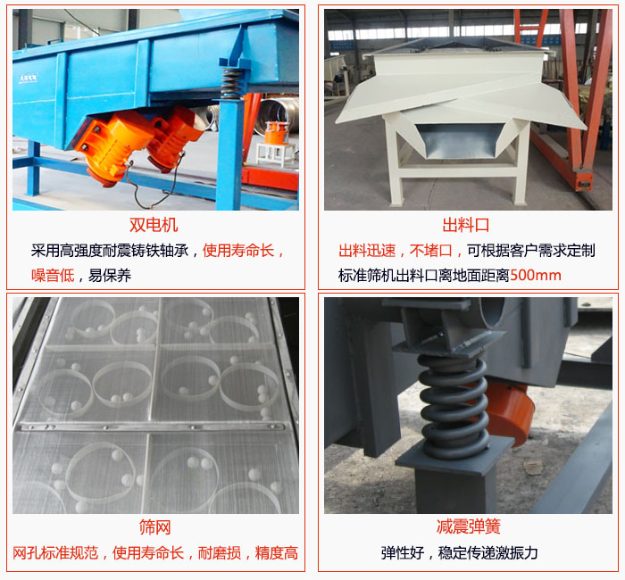 1030直線振動(dòng)篩雙電機(jī)采用高強(qiáng)度耐震鑄鐵軸承使用壽命長(zhǎng)、噪音低，易保養(yǎng)；出料口排料迅速，不堵口，可根據(jù)客戶需求定制，標(biāo)準(zhǔn)機(jī)器出料口離地面距離500mm;篩網(wǎng)網(wǎng)孔標(biāo)準(zhǔn)規(guī)范、使用壽命長(zhǎng)，耐磨損、精度高；減震彈簧：彈性好，穩(wěn)定傳遞激振力。