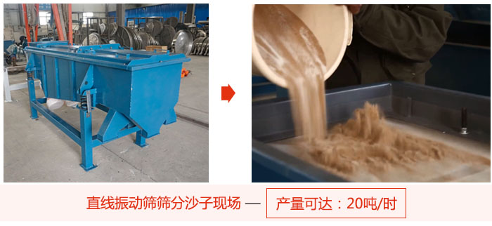 直線振動篩篩分沙子現(xiàn)場展示，產(chǎn)量高達20噸每小時。