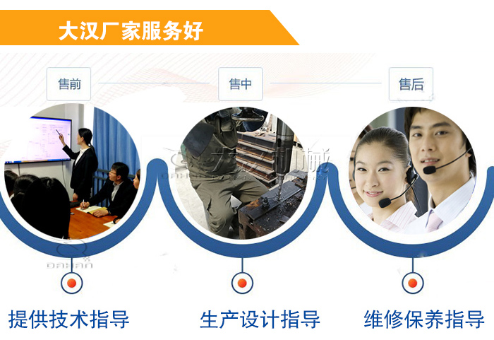 大漢廠家服務(wù)流程：售前-售中-售后：提供技術(shù)指導(dǎo)，生產(chǎn)設(shè)計(jì)指導(dǎo)，維修保養(yǎng)指導(dǎo)。