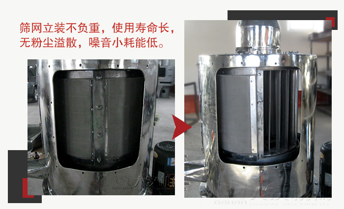 氣流篩采用立式篩網(wǎng)，不受物料的沖擊力的影響，篩網(wǎng)使用壽命長