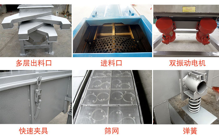 多層直線振動(dòng)篩出料口，篩網(wǎng)，彈簧，快速夾具，振動(dòng)電機(jī)等