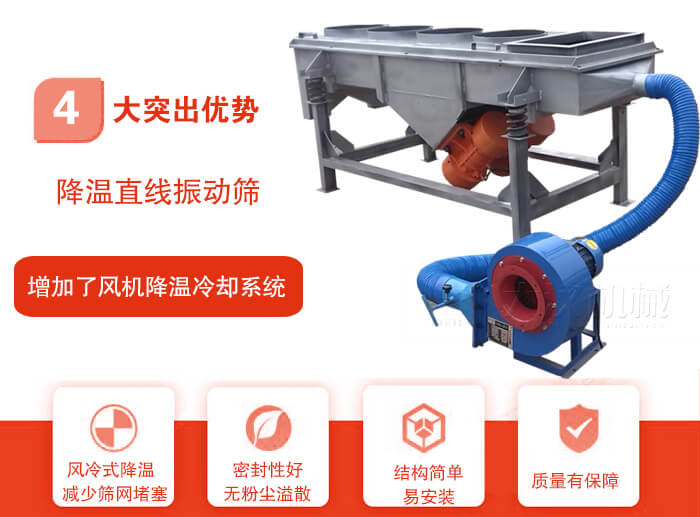 降溫直線振動(dòng)篩性能特點(diǎn)：1，技術(shù)成熟，質(zhì)量可靠，篩分精度高，處理量大。2，風(fēng)冷式降溫系統(tǒng)設(shè)計(jì)，快速有效降溫。3，適用范圍廣，可應(yīng)用于各種需要降溫的物料。4，設(shè)計(jì)精巧合理，結(jié)構(gòu)簡(jiǎn)單，易安裝，耗能少，噪音低5，篩網(wǎng)使用壽命長(zhǎng)，換網(wǎng)更方便，快捷6，設(shè)備整體密封性好，無(wú)粉塵溢散。