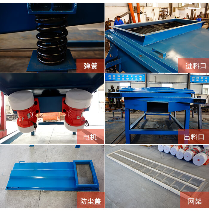 1035直線振動篩細(xì)節(jié)展示：出料口，振動彈簧，振動電機(jī)，進(jìn)料口。