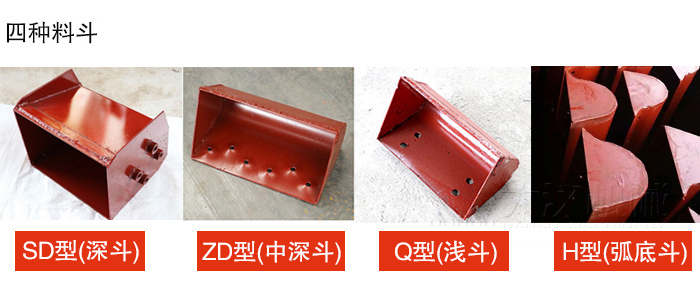 四種料斗Q型(淺斗)、H型(弧底斗)、ZD型(中深斗)SD型(深斗)展示圖