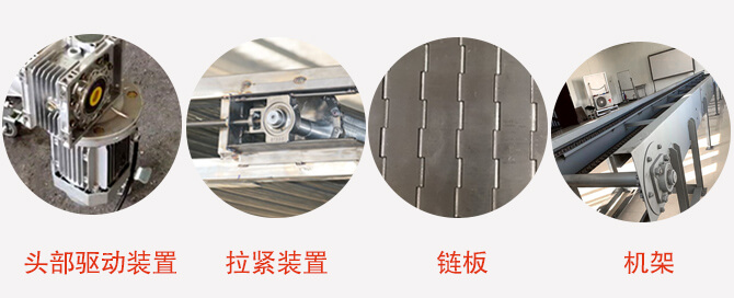 鏈板輸送機(jī)結(jié)構(gòu)：頭部驅(qū)動(dòng)裝置，拉緊裝置，鏈板，機(jī)架等圖片展示
