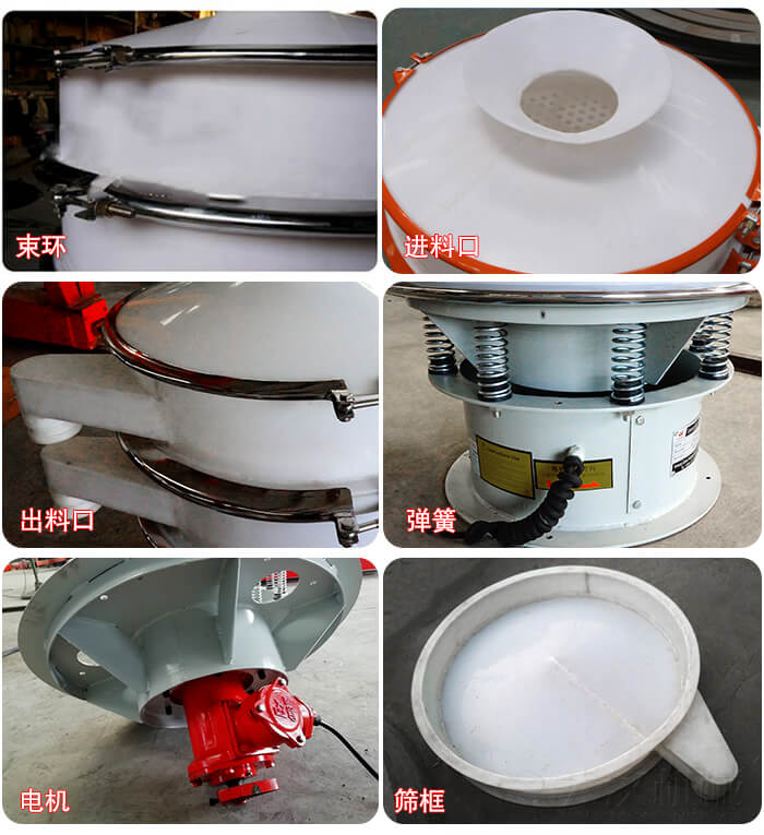 塑料防腐蝕振動(dòng)篩細(xì)節(jié):進(jìn)料口，框體，網(wǎng)架底框，出料口等。