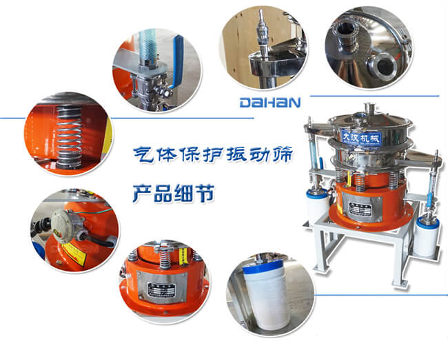 氣體保護(hù)振動(dòng)篩細(xì)節(jié)：振動(dòng)彈簧，手動(dòng)閥門，料罐等。