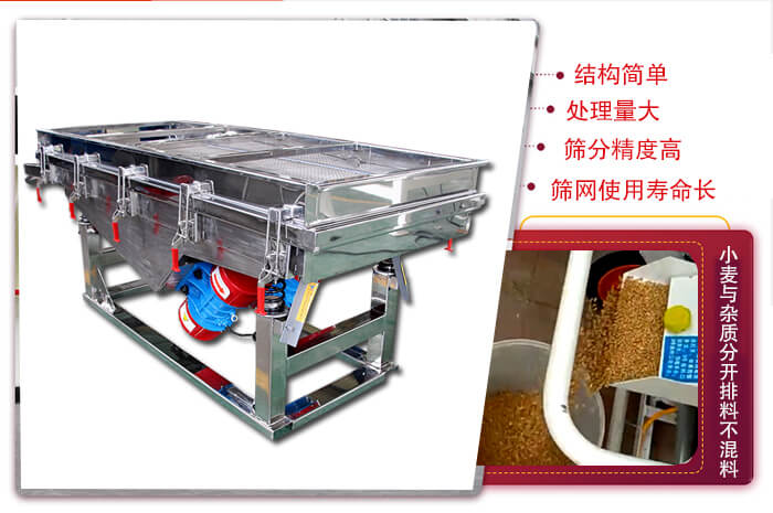 小麥清理振動(dòng)篩結(jié)構(gòu)簡(jiǎn)單，處理量大，篩分精度高，篩網(wǎng)使用壽命長(zhǎng)。